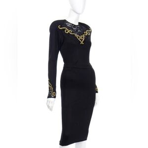 Elegant Vintage Diane Freis Black and Gold Long Sleeve Knit Dress